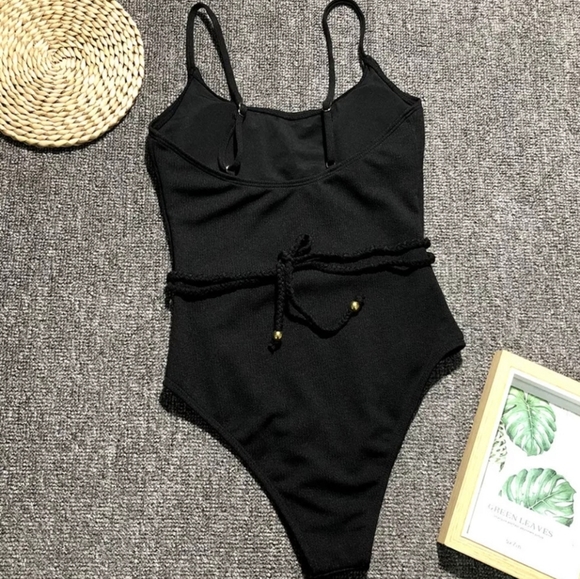 SOLID BRAIDED BELTED RIBBED ONE PIECE SWIMSUIT - Picture 4 of 5